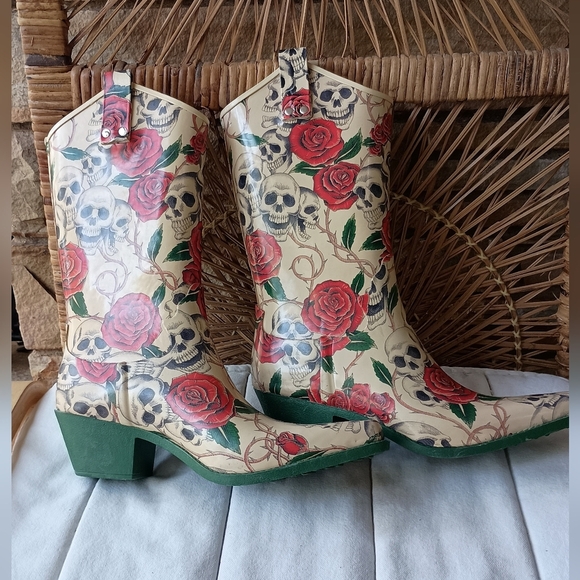 Nomad Shoes - Floral Skull Print Women's Cowboy Rain Boots_11